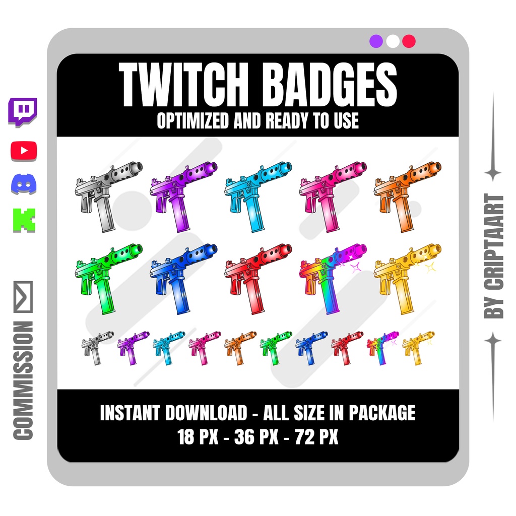 サブマシンガン Twitch サブバッジ | シューティング ミリタリー ゲームデザイン ストリーマー向け | Twitch Discord YouTube TikTok Kick