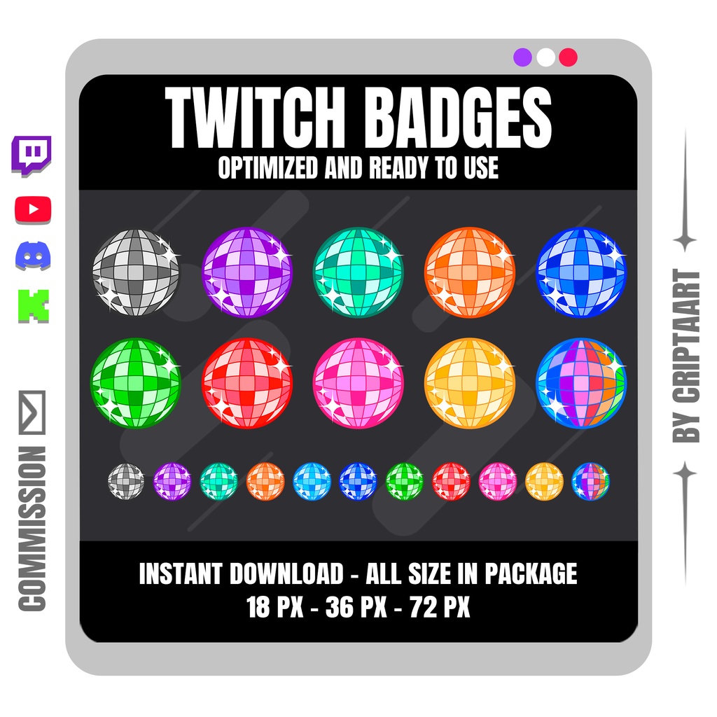 ディスコボール Twitch サブバッジ | レトロ音楽 DJ ストリーマー向けデザイン | Twitch Discord YouTube TikTok Kick
