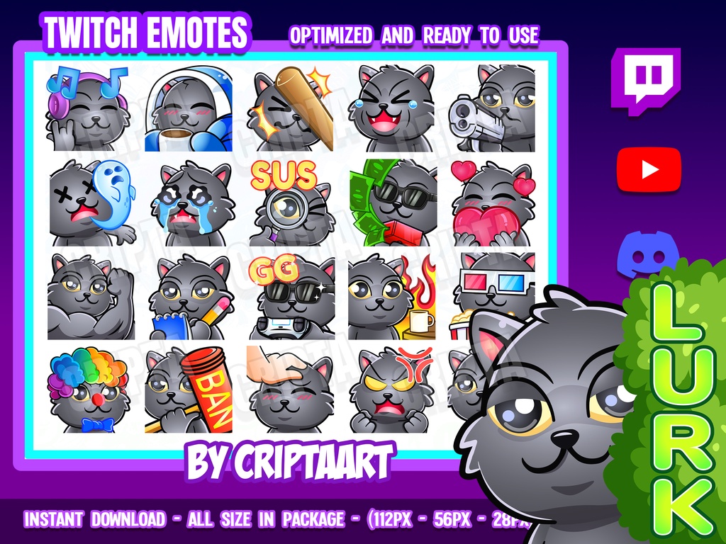 黒猫・グレーの猫の絵文字 メガパック | Twitch Discord YouTube TikTok Kick