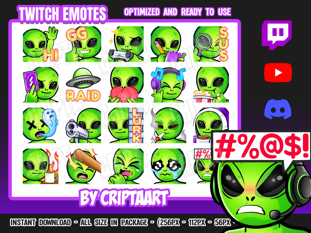 宇宙人・エイリアンの絵文字 メガパック | Twitch Discord YouTube TikTok Kick