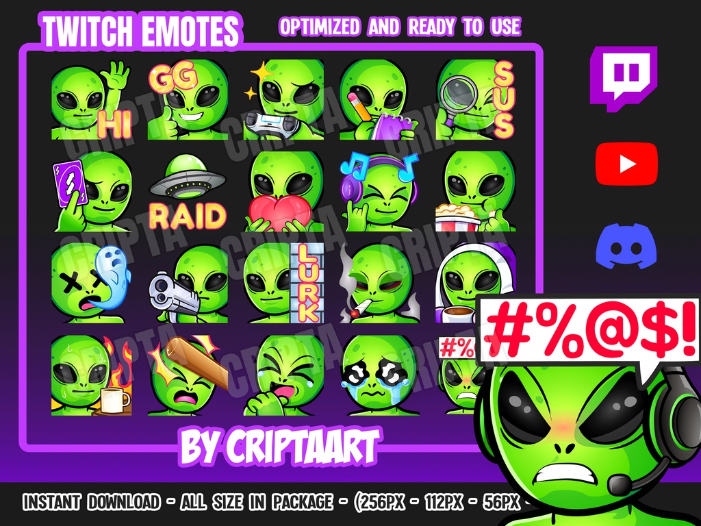 宇宙人・エイリアンの絵文字 メガパック | Twitch Discord YouTube TikTok Kick