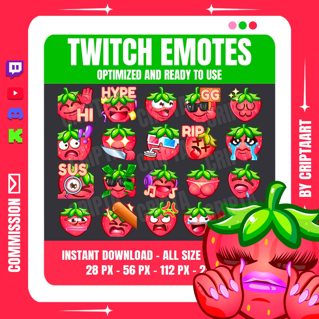 【 メガパック】いちご 絵文字・スタンプセット | Strawberry Emotes Mega Bundle (Twitch / Discord / VTuber)