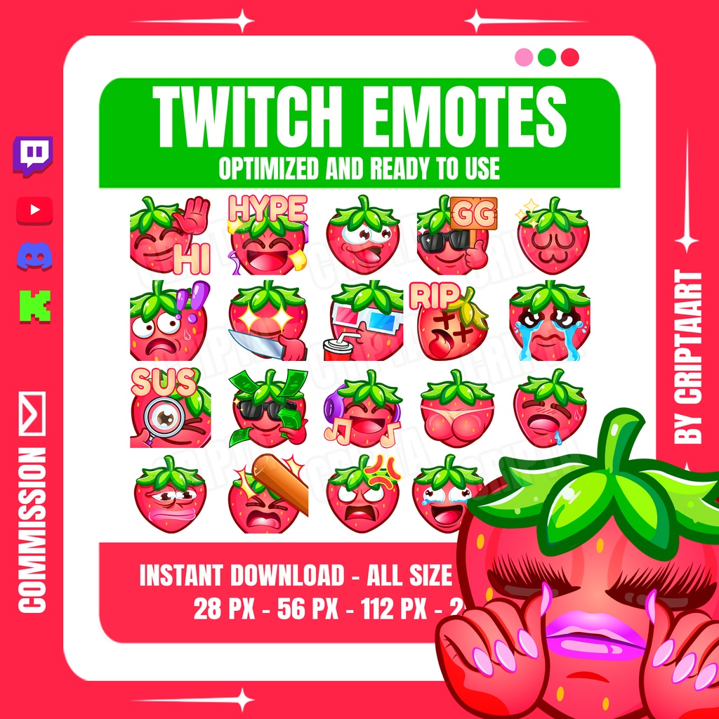 【 メガパック】いちご 絵文字・スタンプセット | Strawberry Emotes Mega Bundle (Twitch / Discord / VTuber)