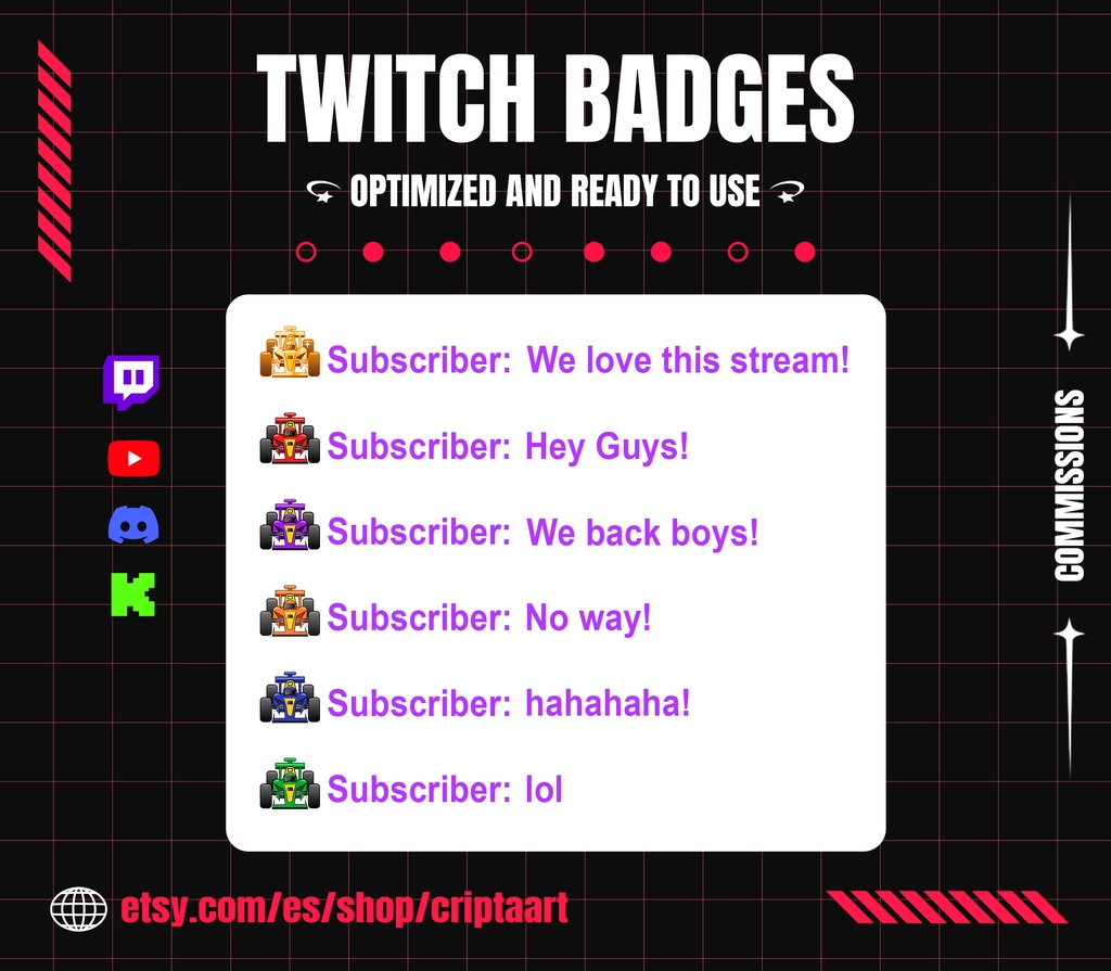 【サブバッジ】フォーミュラ・レースカー サブバッジセット | Formula Racing Car Sub Badges (Twitch / Discord / VTuber)