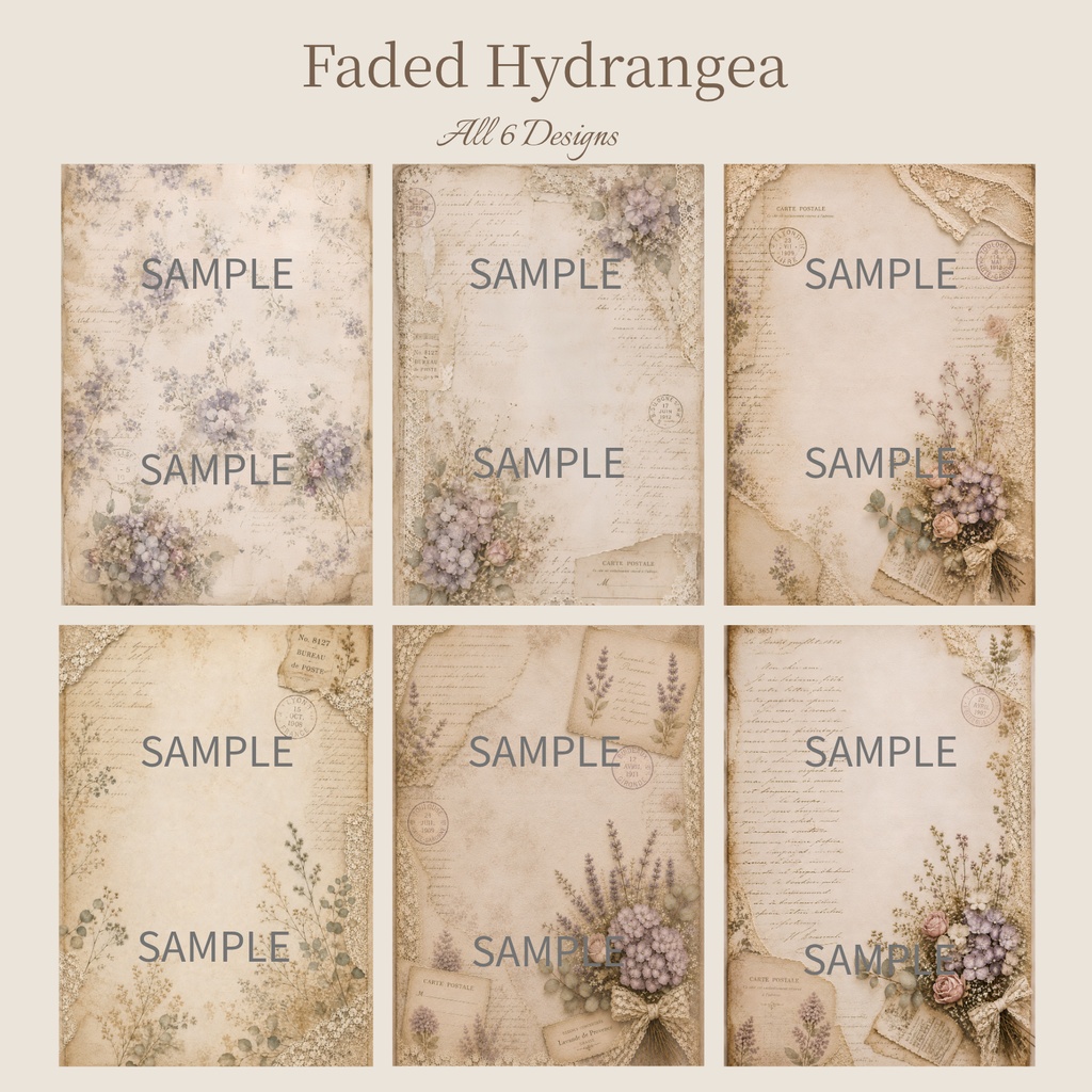 アンティーク紫陽花デジタルペーパー 6枚セット|Collection 001|Faded Hydrangea|A4 PNG
