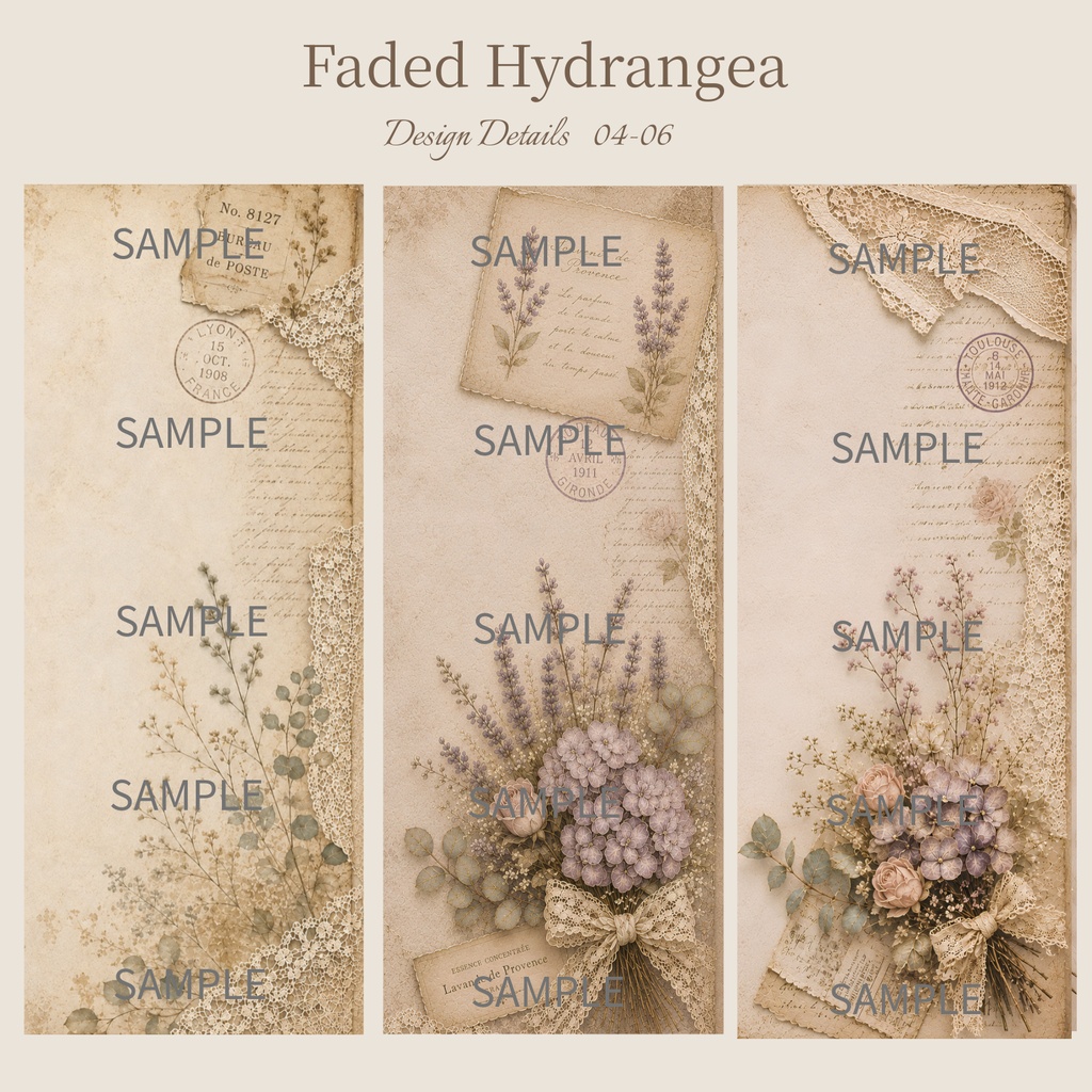 アンティーク紫陽花デジタルペーパー 6枚セット|Collection 001|Faded Hydrangea|A4 PNG