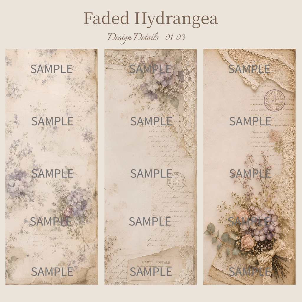 アンティーク紫陽花デジタルペーパー 6枚セット|Collection 001|Faded Hydrangea|A4 PNG