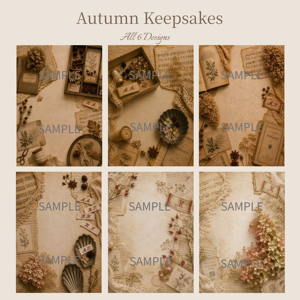 アンティーク秋色デジタルペーパー6枚セット|Collection 002|Autumn Keepsakes|A4 PNG