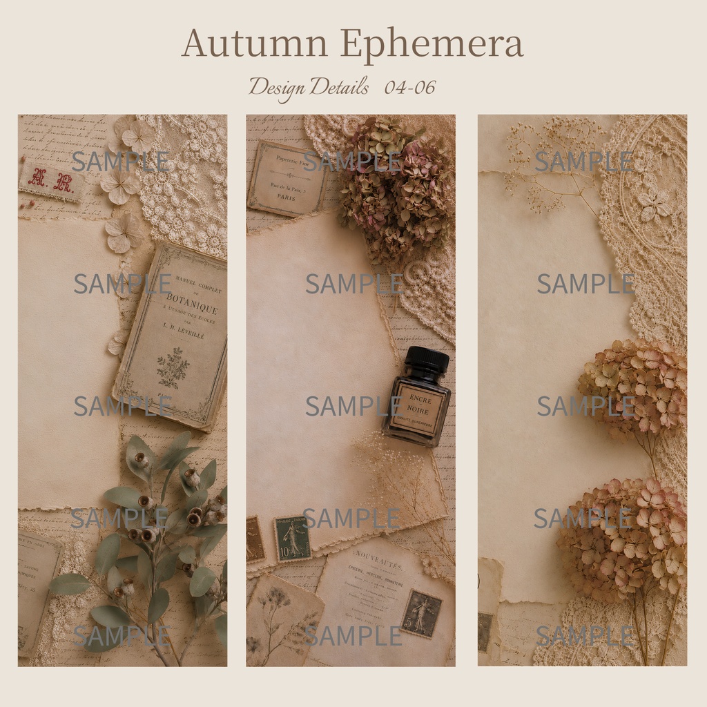 アンティーク雑貨デジタルペーパー6枚セット|Autumn Ephemera|A4 PNG
