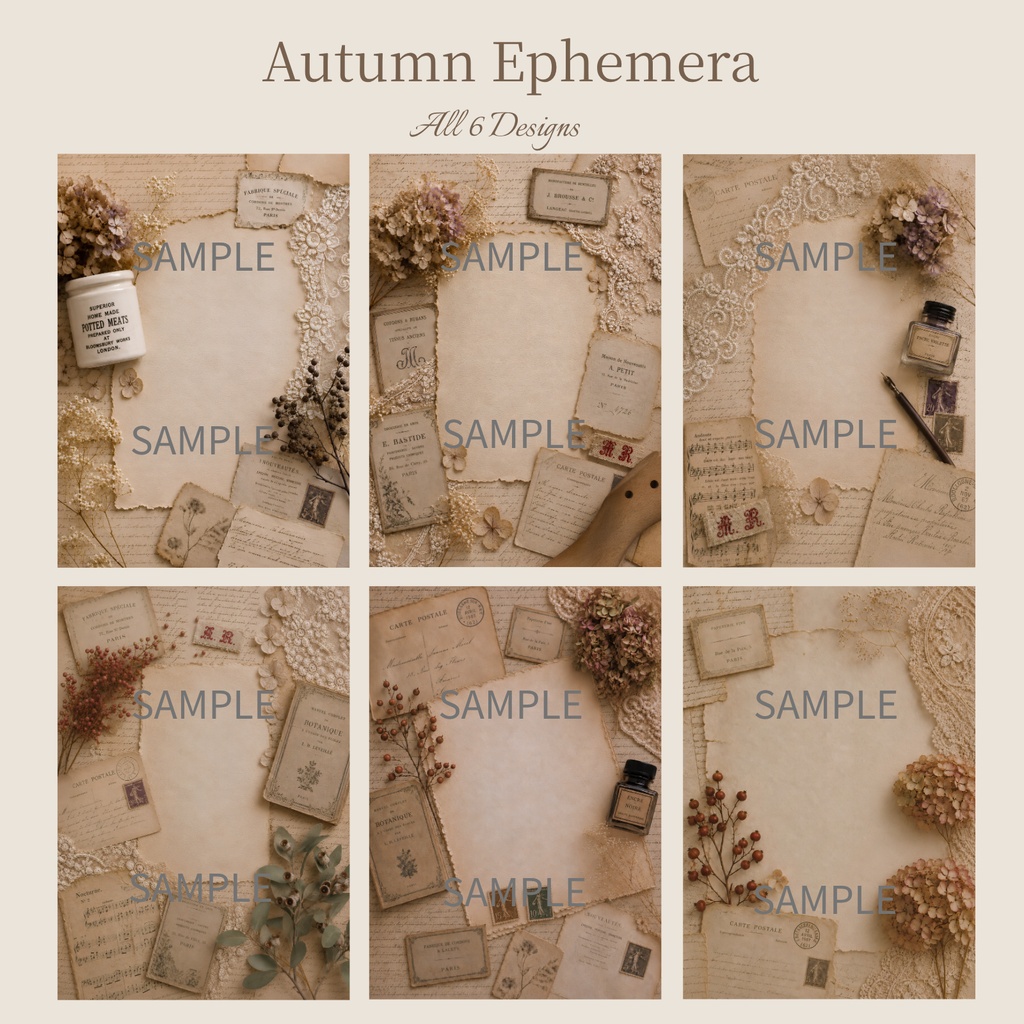 アンティーク雑貨デジタルペーパー6枚セット|Autumn Ephemera|A4 PNG
