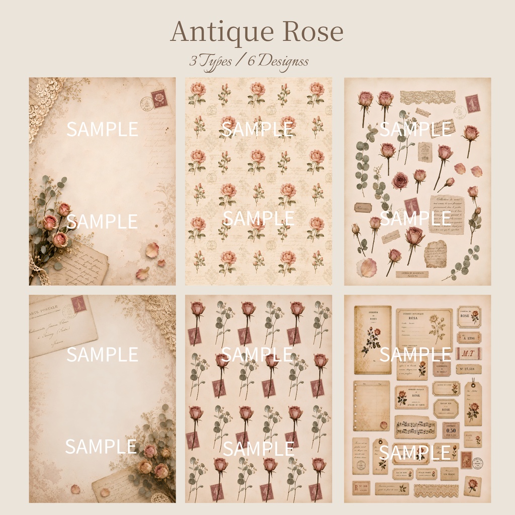 アンティークローズ デジタルペーパー6点セット|Antique Rose|A4 PNG|台紙・ラッピングペーパー・コラージュ素材
