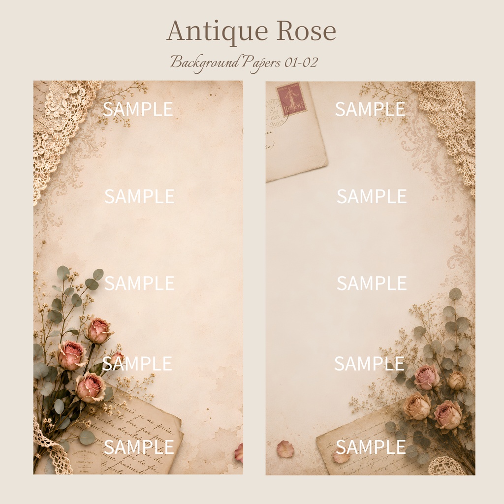 アンティークローズ デジタルペーパー6点セット|Antique Rose|A4 PNG|台紙・ラッピングペーパー・コラージュ素材
