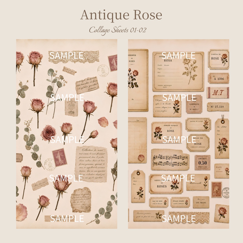 アンティークローズ デジタルペーパー6点セット|Antique Rose|A4 PNG|台紙・ラッピングペーパー・コラージュ素材