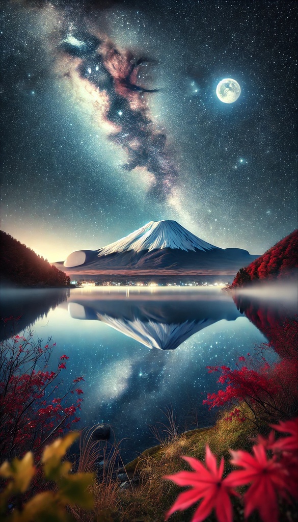 スマホ壁紙、壮大な富士山（秋の夜空）