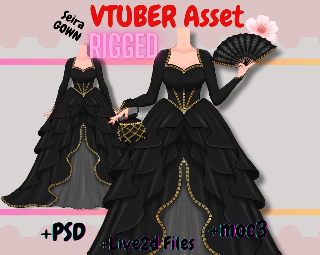 [Live2Dアイテム] rigged vtuber Clothing Asset /Black Royal Gown /psd, moc3, cmo3/ Vtuber accessory, live2d asset, Vtuber Outfit asset, VTS【VTuber素材】小物を持つ手, アニメーション Vtuber アセット