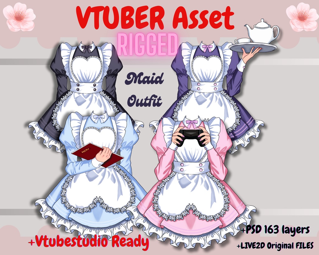 [Live2Dアイテム] Vtuber maid outfit - rigged vtuber Asset /Kawaii maid Dress /psd, moc3, cmo3/ Vtuber accessory, live2d asset, Vtuber clothing asset, VTS【VTuber素材】小物を持つ手, アニメーション Vtuber アセット