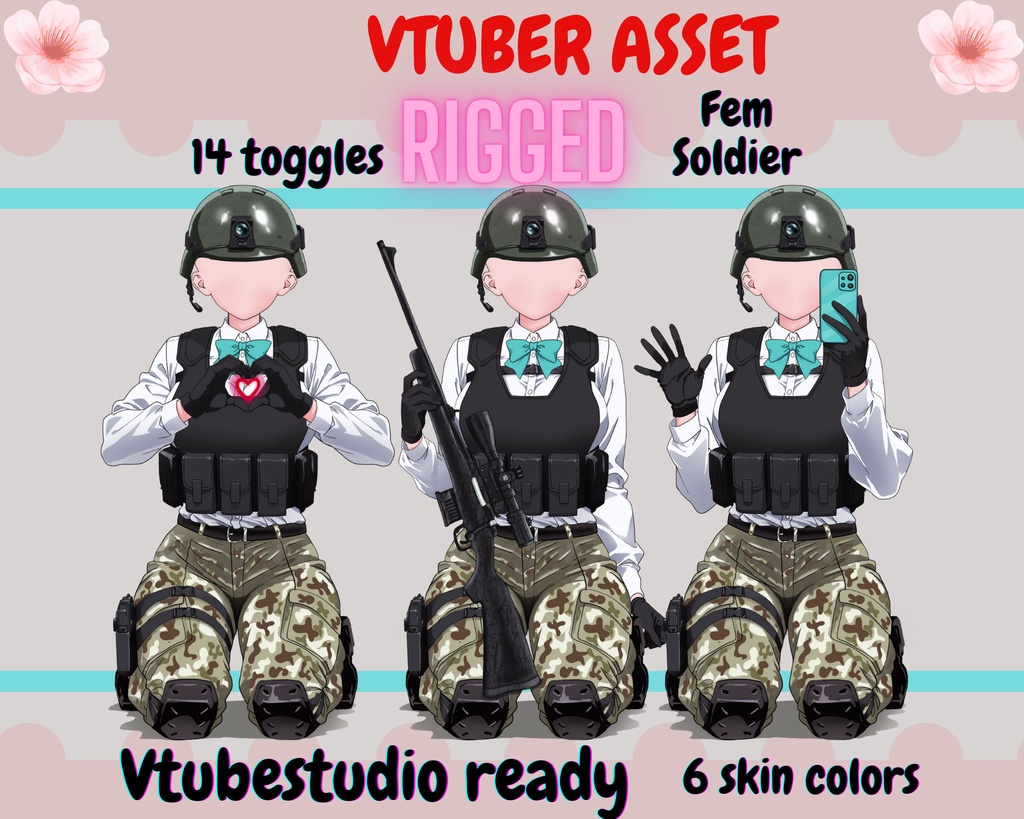 [Live2Dアイテム] Free Asset - Rigged Military Vtuber Outfit: 14 Toggles, 9 Hand holding Poses - Customizable- Vtubestudio Ready【VTuber素材】小物を持つ手, アニメーション Vtuber アセット