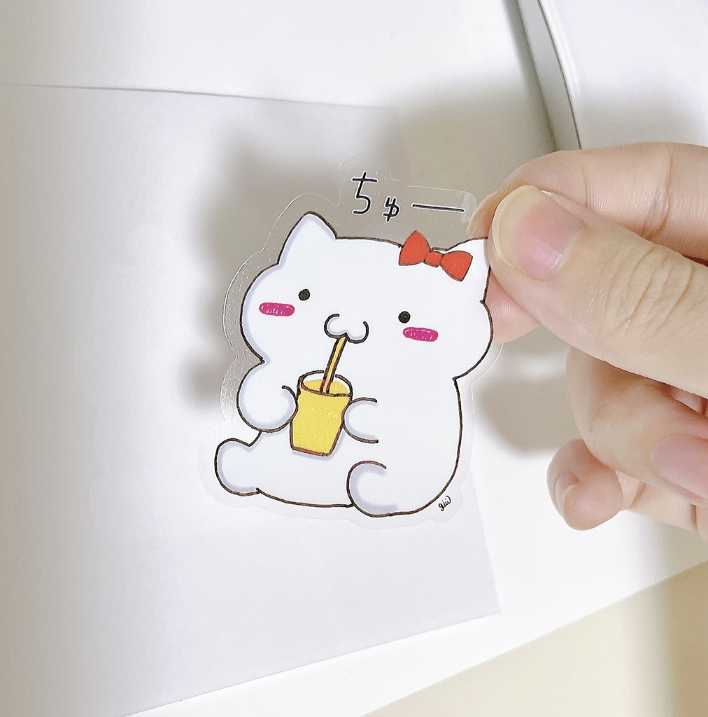 人間っぽい猫「おちょう🎀」【大】クリアステッカー(ジュースver)