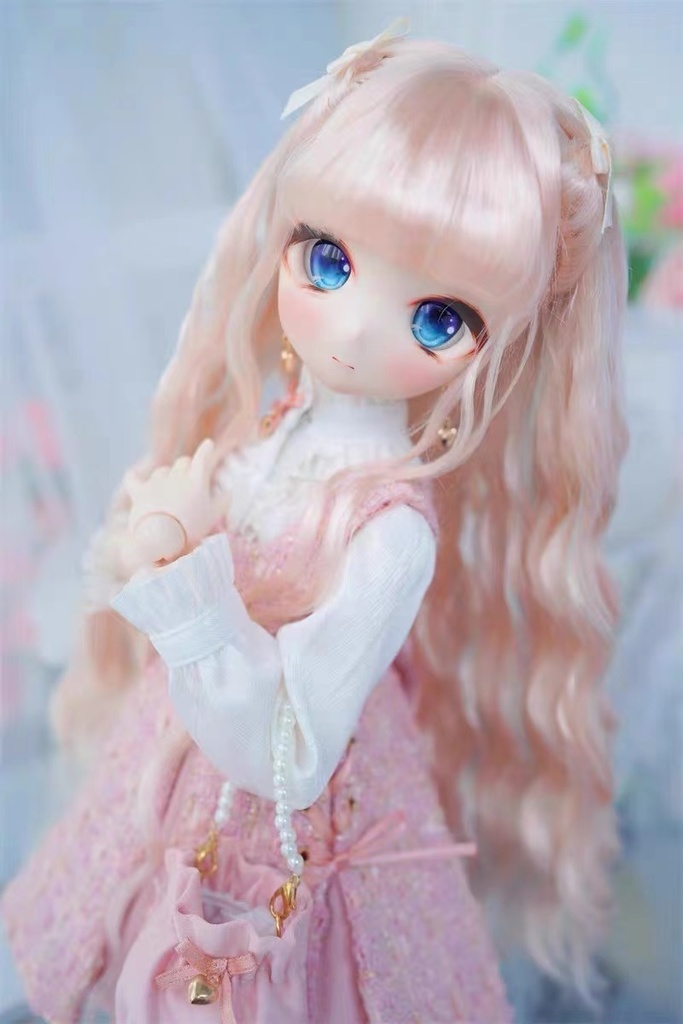 【カカ星球】【6-7, 7-8, 8.5-9inch】ドールウィッグ ウェーブロングヘア リボン付きツインテール