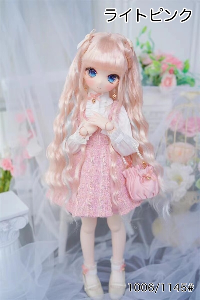 【カカ星球】【6-7, 7-8, 8.5-9inch】ドールウィッグ ウェーブロングヘア リボン付きツインテール