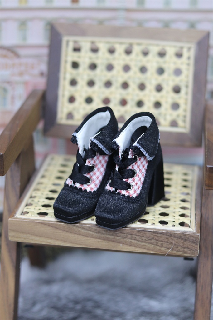 【カカ星球】【1/3】ドール靴 襟付きショートブーツ ギンガムチェック