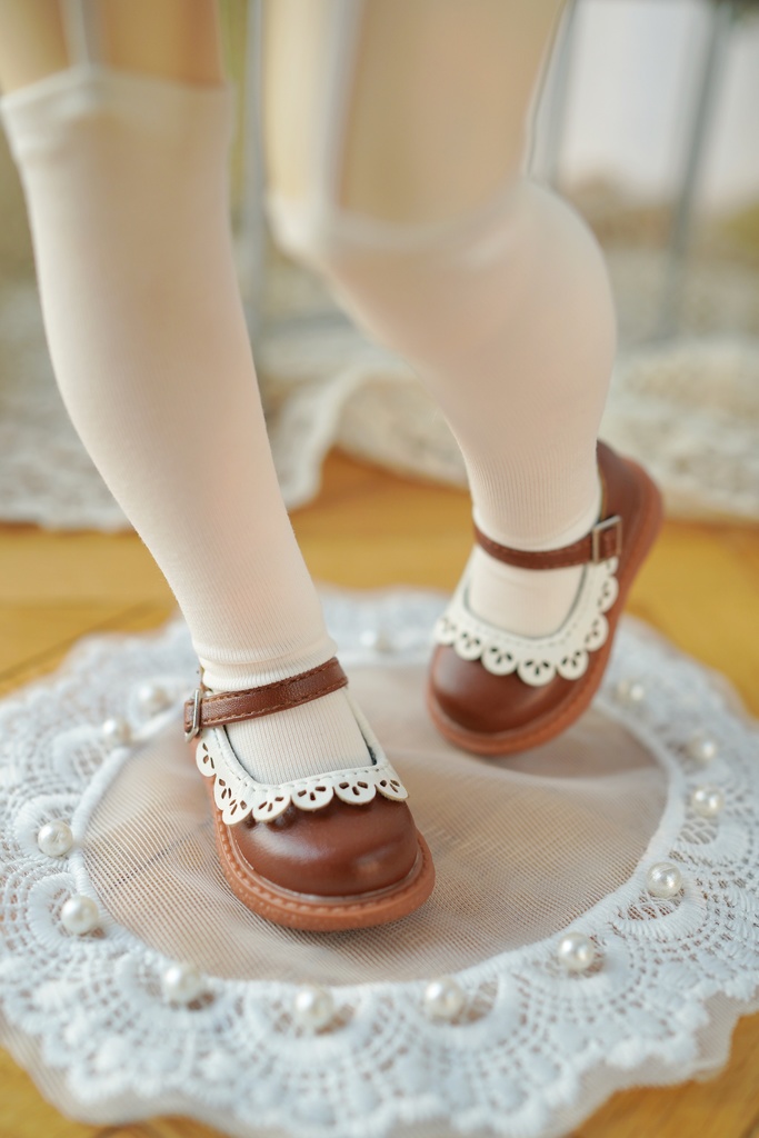 【カカ星球】【1/6,1/4】ドール靴 フラワーレース付ストラップ革靴