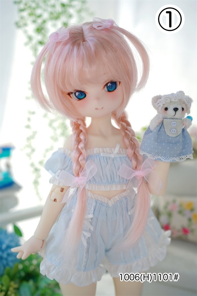 【カカ星球】【7-8,8.5-9,10-11inch】ドールウィッグ リボン付きおさげボブ(取寄せ)