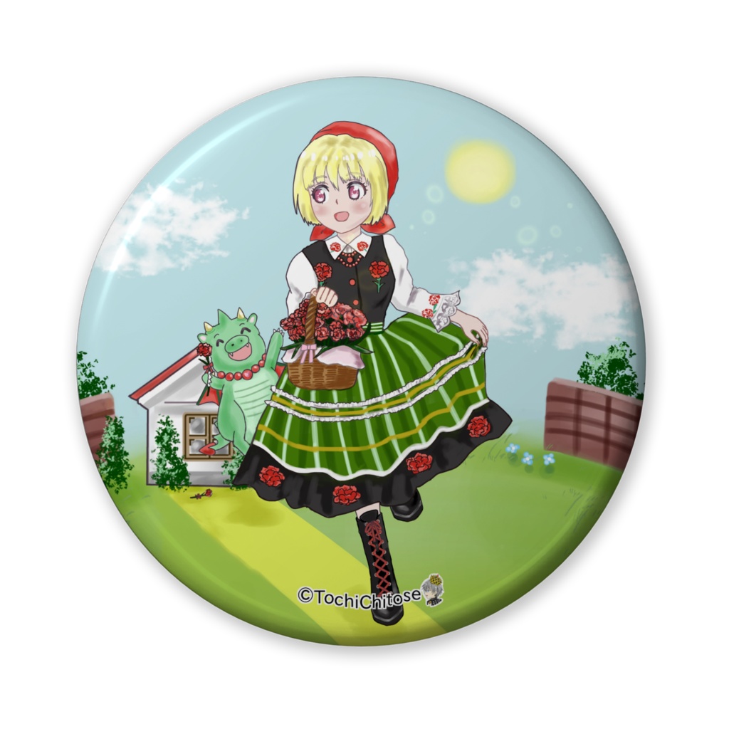 花籠の少女の花配り缶バッジ（バリュー） - 56mm