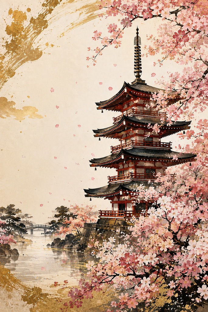 桜舞う五重塔