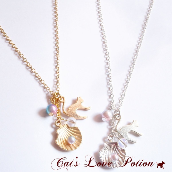 猫 ネックレス グラデーションパール チェコ シェル ネックレス Cat's Love Potion
