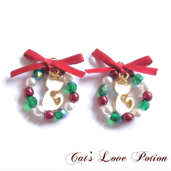 猫 チェコ パール クリスマス リース ピアス イヤリング ネックレス Cat's Love Potion