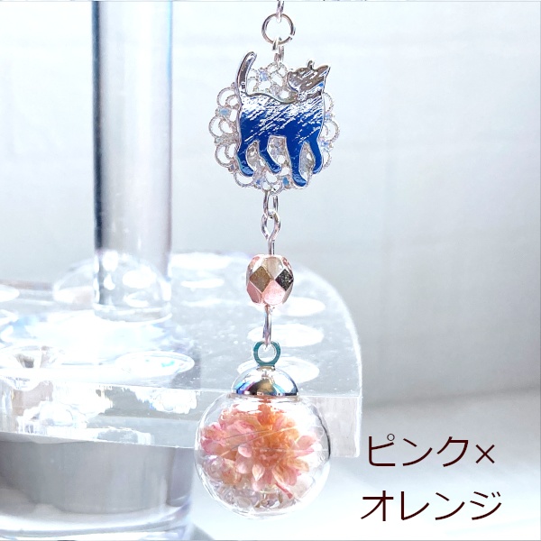 猫 ガラスドーム フラワーボール ピアス イヤリング 花舞う シルバー ねこ 片耳 樹脂 ノンホールピアス ピアス Cat's Love Potion