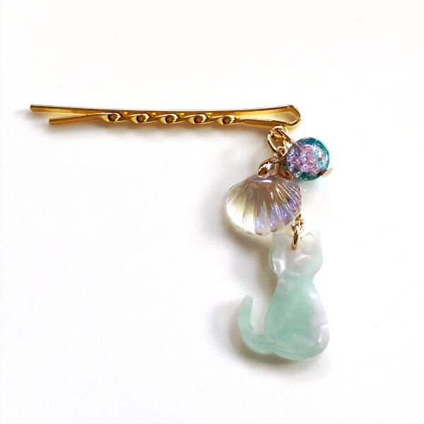 猫 ヘアアクセサリー べっ甲風 海色猫 シェル ヘアピン Cat's Love Potion