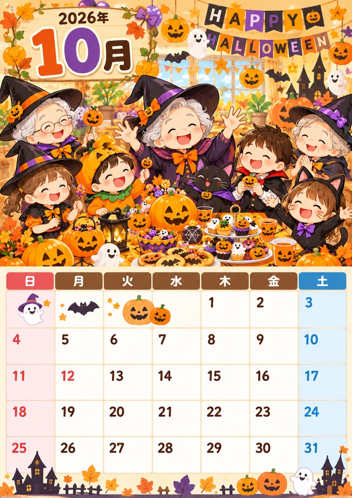介護施設で使える🎃2026年10月 ハロウィンカレンダー｜A3印刷用PDF