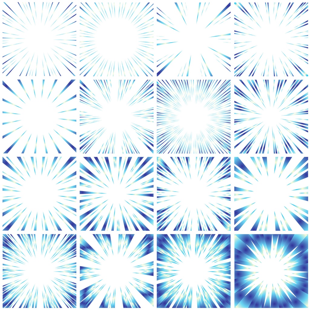 【商用利用可能】グラデーション集中線vol.3 金色風・キラキラ青、緑 83個セット