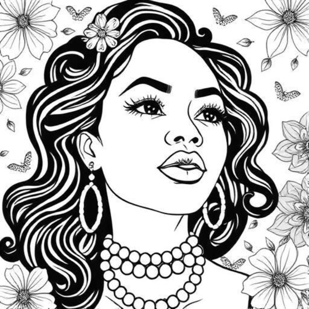 花に囲まれた女性の塗り絵