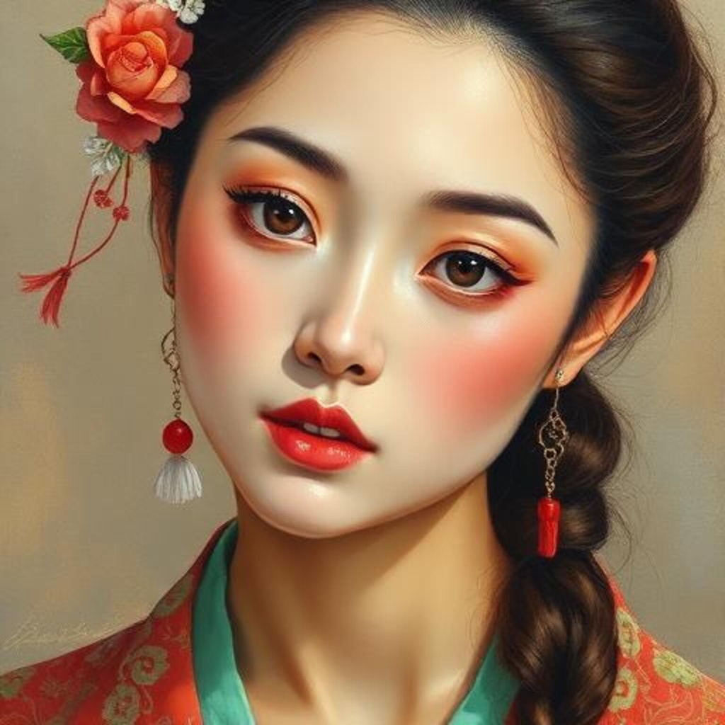 紅い花飾りの女性