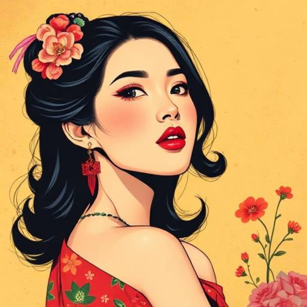 赤い花飾りの女性