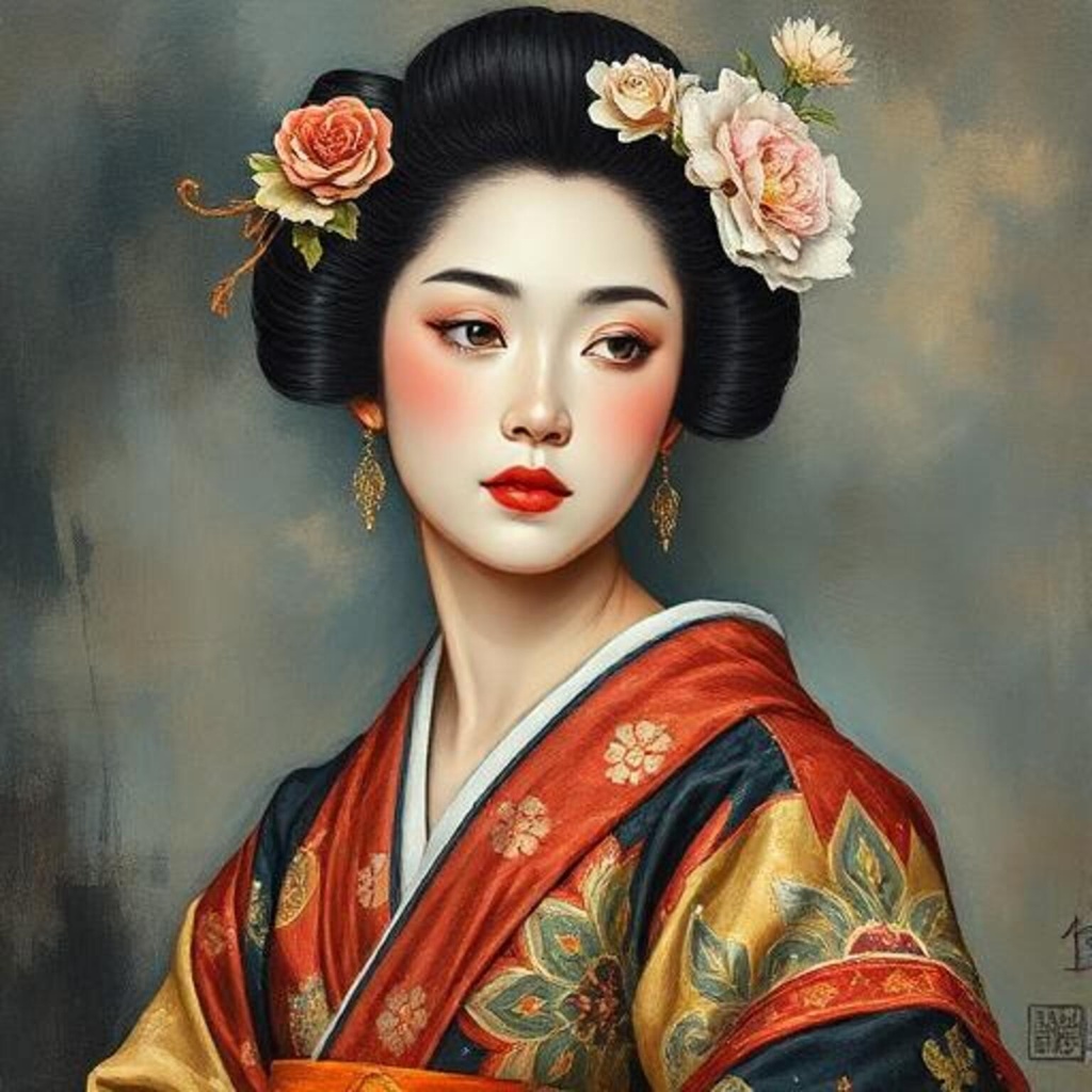 紅い花飾りの女性