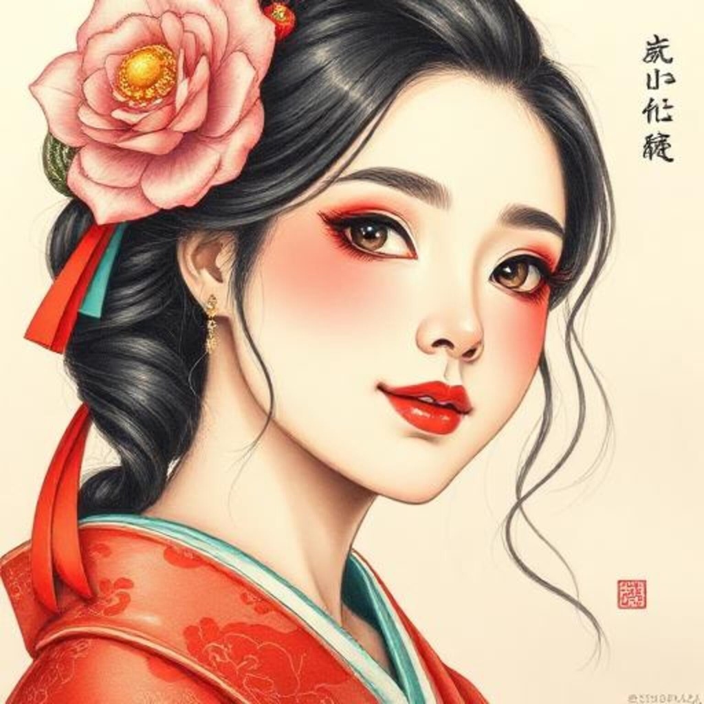 紅い花飾りの女性