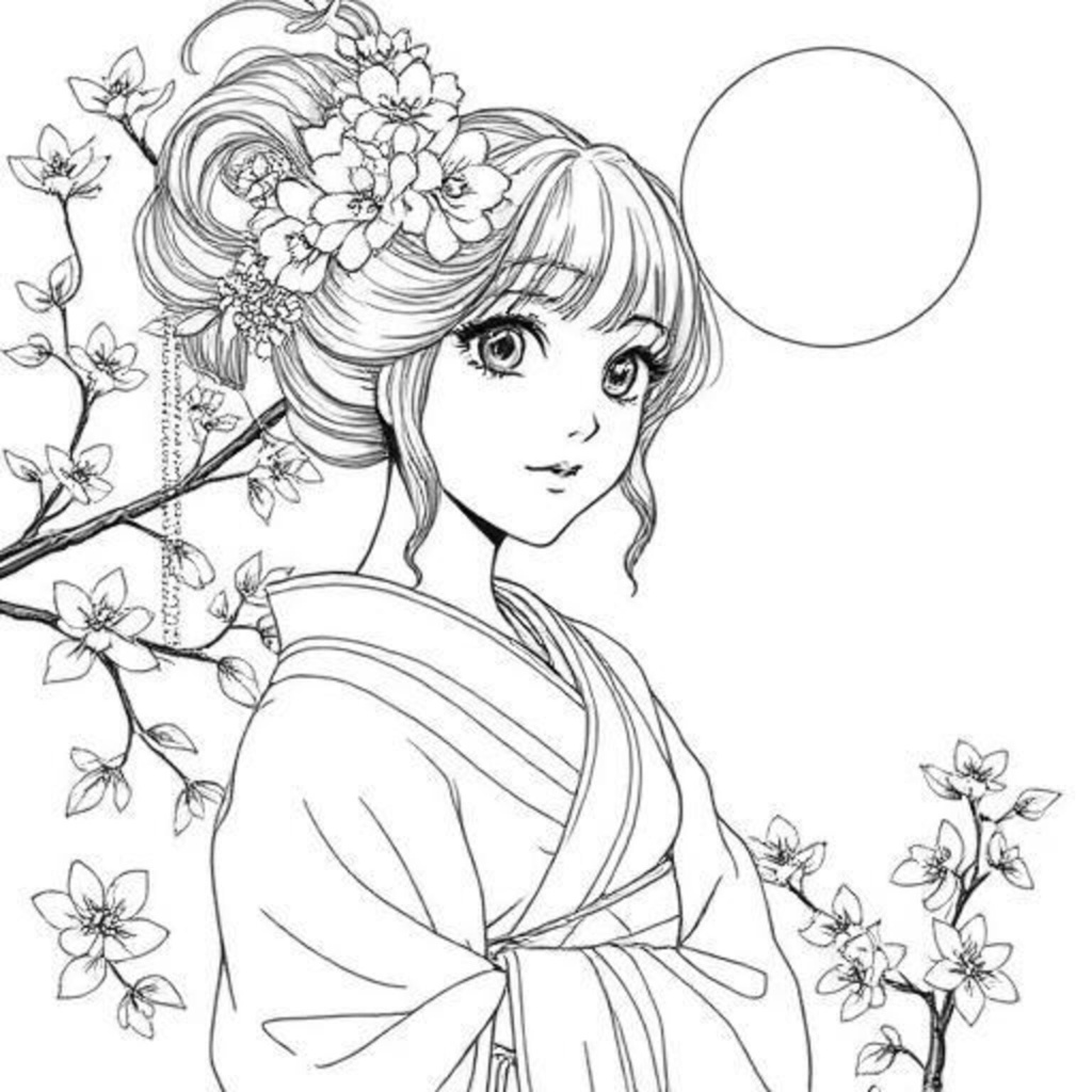 桜花の着物姿｜塗り絵