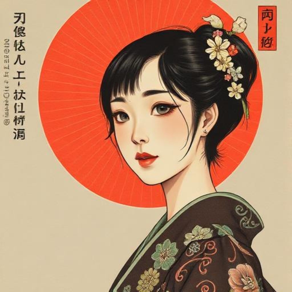 紅傘と花飾りの和装女性
