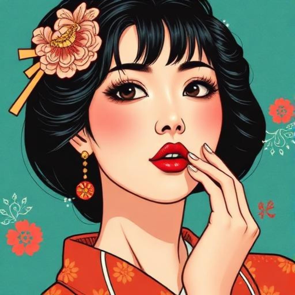花飾りと赤い唇の女性