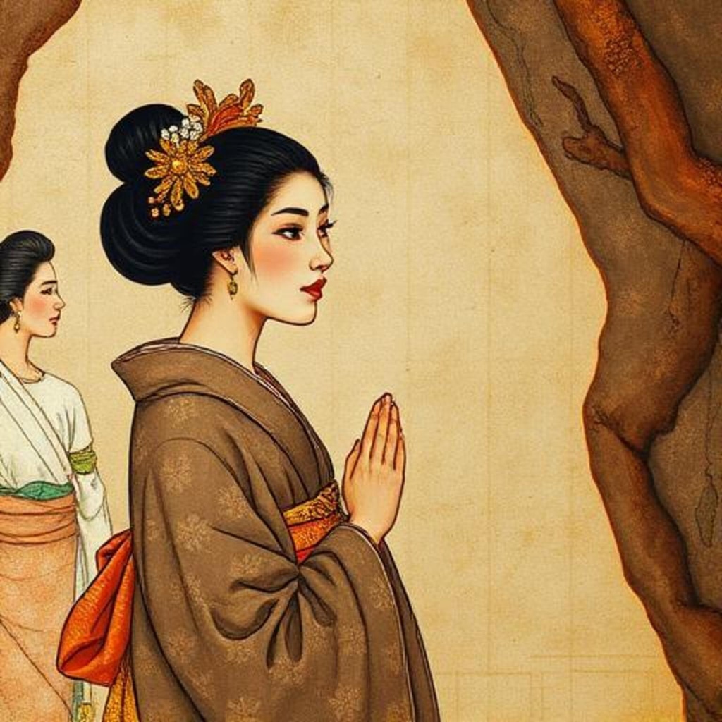 祈りを捧げる和装女性