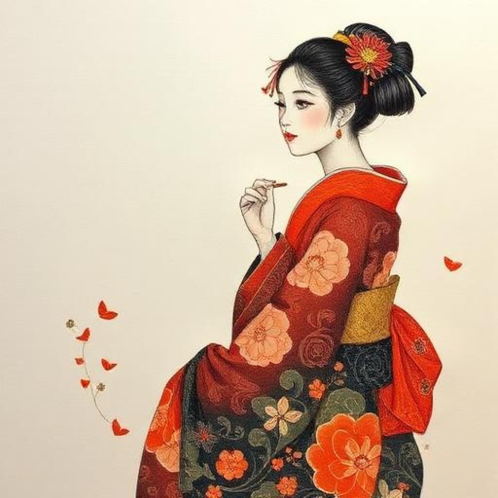 紅花の着物姿