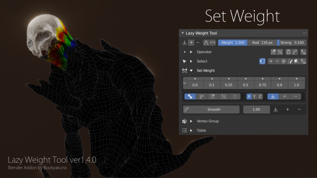 ウェイト数値設定ツール Lazy Weight Tool Blender アドオン Bookyakuno Booth