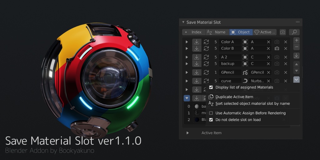 【Save Material Slot】マテリアルスロット設定を保存・再読み込みできるアドオン【Blenderアドオン】