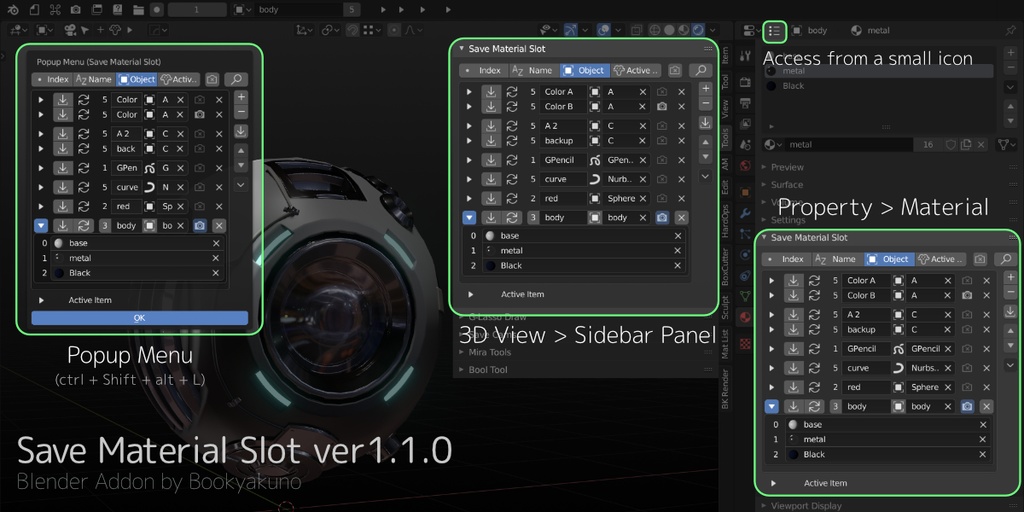 Save Material Slot マテリアルスロット設定を保存 再読み込みできるアドオン Blenderアドオン Bookyakuno Booth