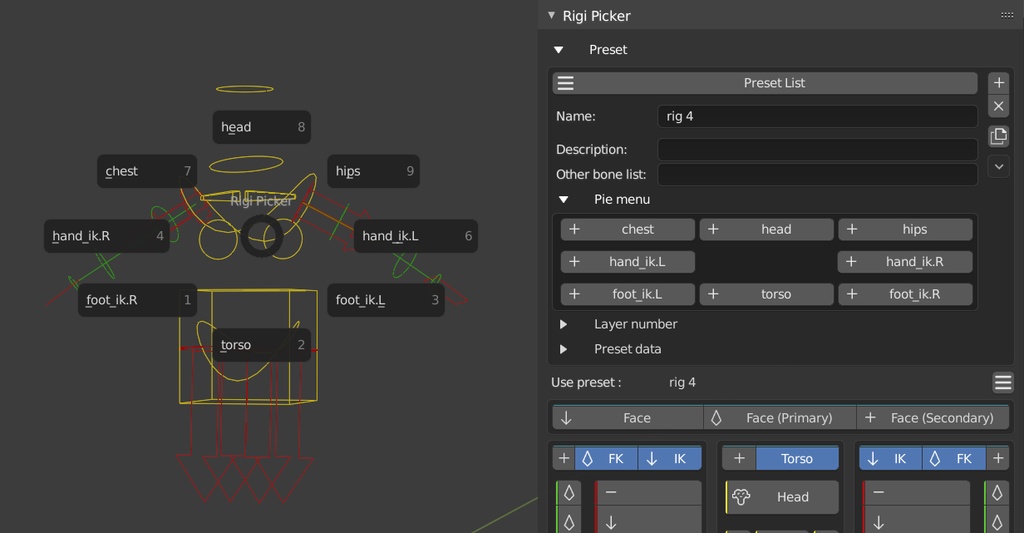 【Rigi Picker】 Rigify や自分のリグのボーン選択を補助するピッカーアドオン【Blenderアドオン】