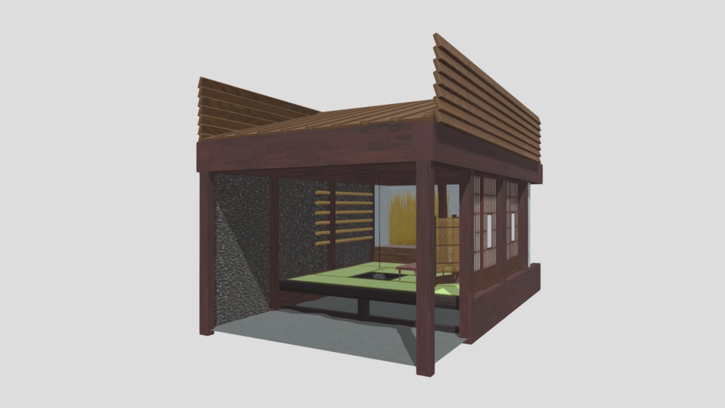 昔の家屋の部屋の中(土間、囲炉裏、畳、漆喰、砂壁)